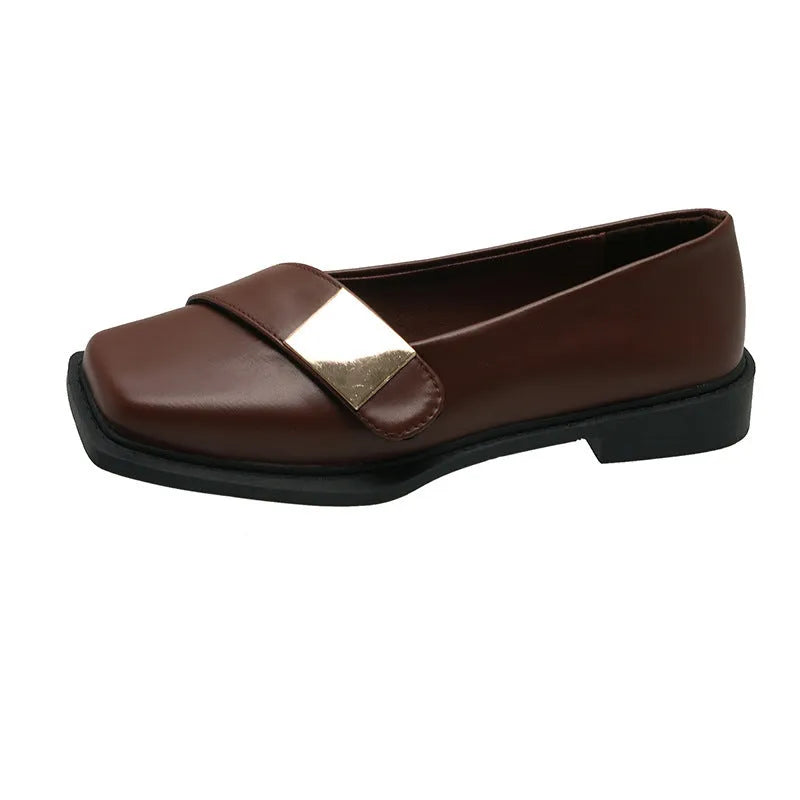 Women's square toe flat-heeled shoes with metal buckle, low heel 1-3cm, artificial leather upper, beige colour