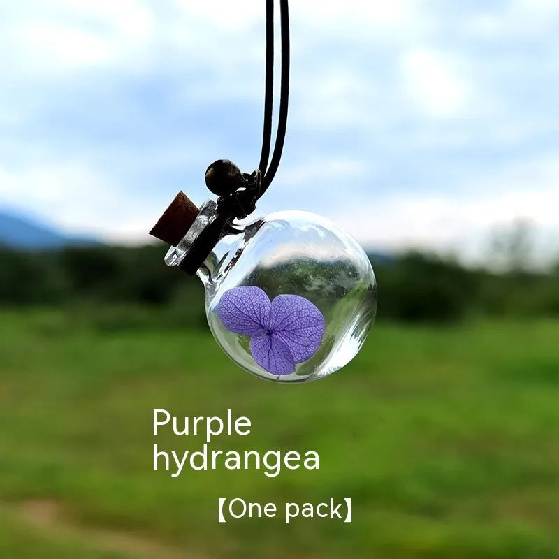 Glass fire extinguisher shaped pendant with preserved hydrangea flowers for car interior decoration