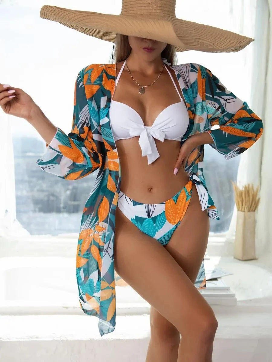Women's three-piece mesh bikini swimsuit set with quick-drying polyester fabric