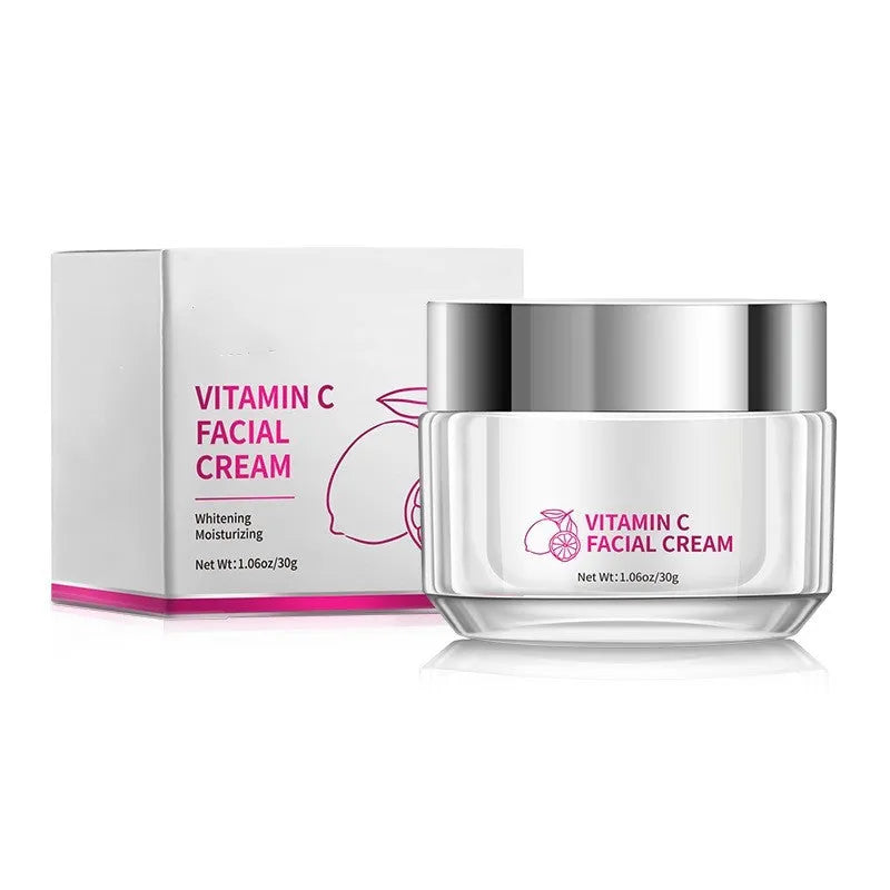 Square white jar of vitamin C face cream, 30g net content, showing product dimensions.