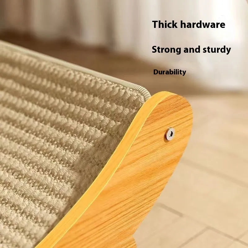 Beige sisal cat scratch board on a wooden floor.