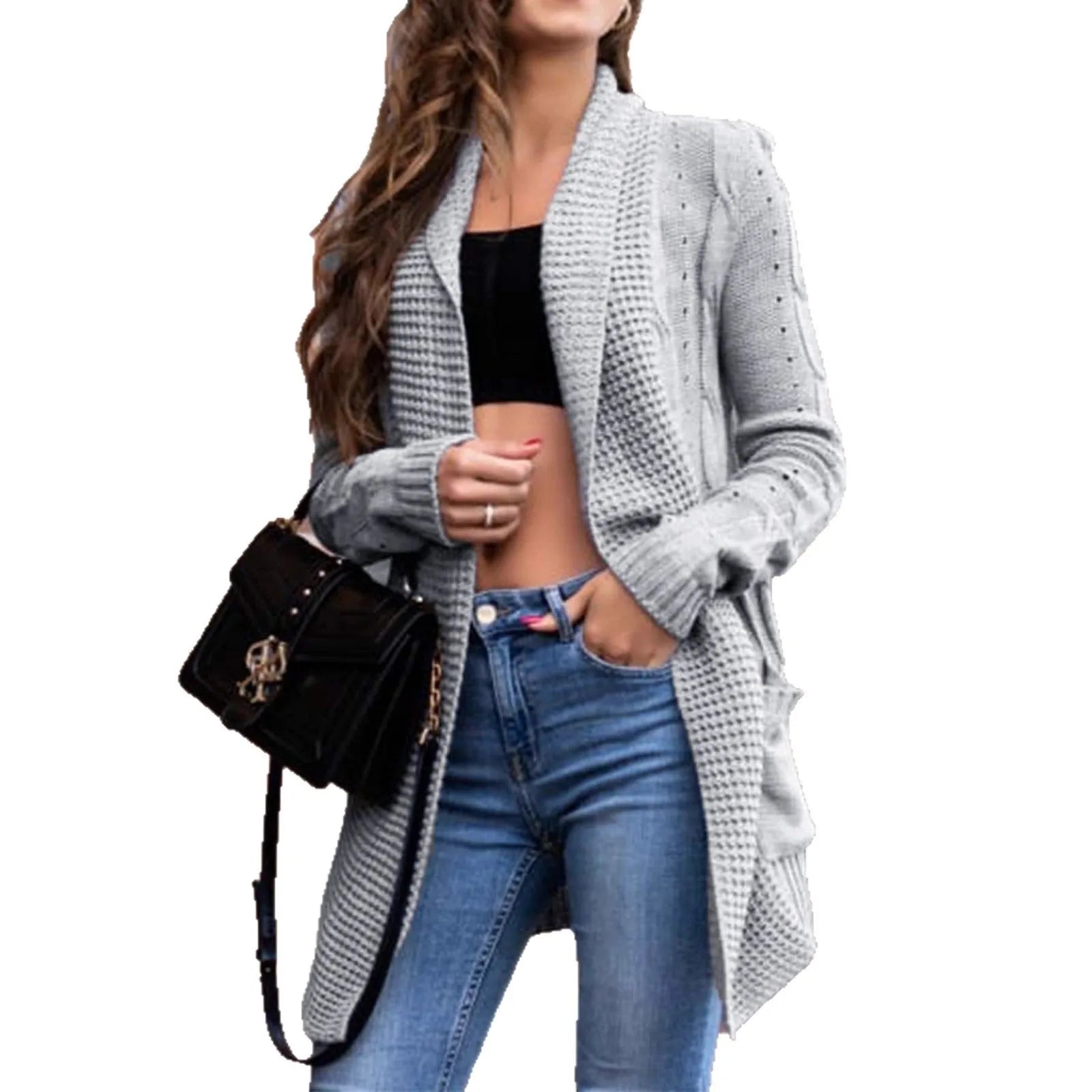 Grey women's cardigan sweater with pockets, loose fit, and mid-length 65cm measurement