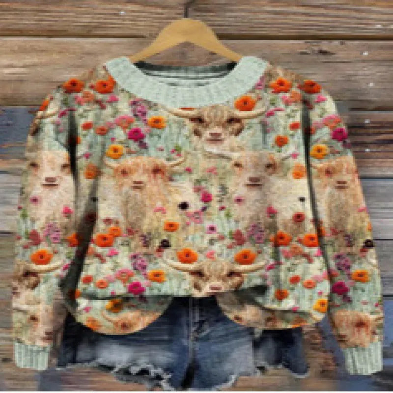 Women's round neck sweater with digital printed little flower pattern in polyester fabric