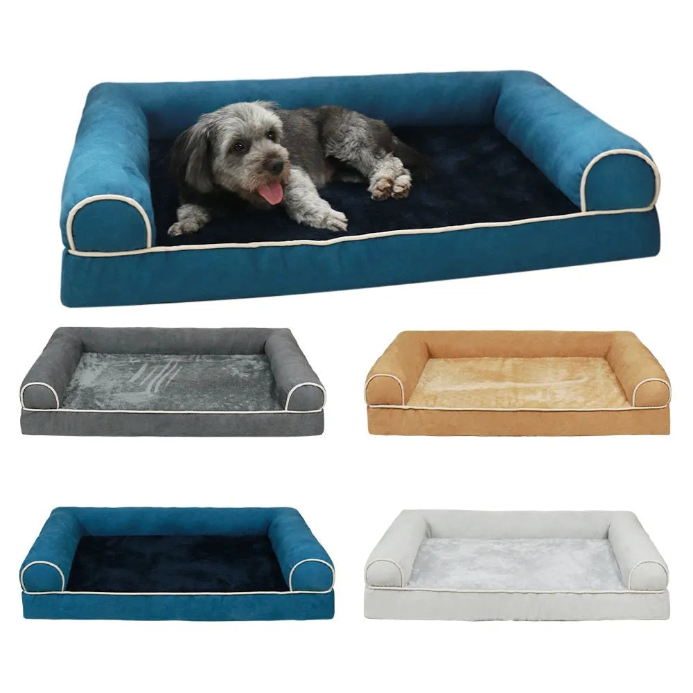 Square dog bed with sponge filling in blue colour showing breathable construction