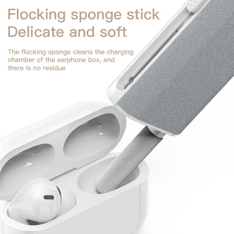 5 In 1 Screen Cleaner Kit with flocking sponge, brush, and metal tip for cleaning earphones, phones, and laptops