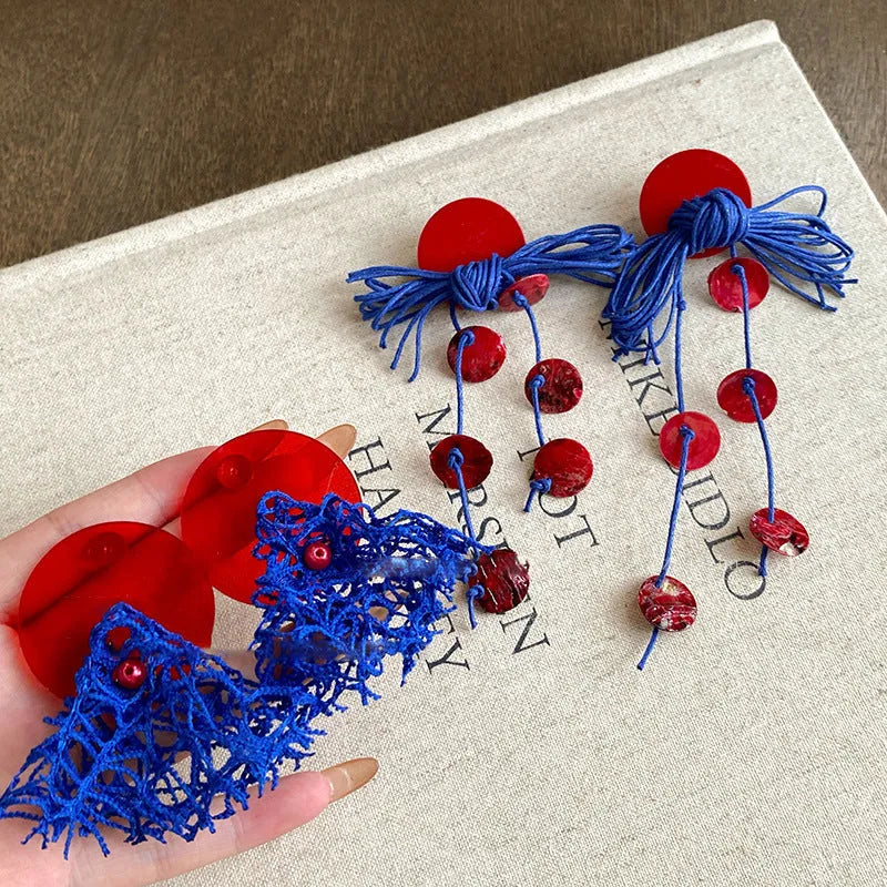 Geometric cloth earrings for women in 30 Silver Needle-blue resin flower colour, showing manual craftsmanship.