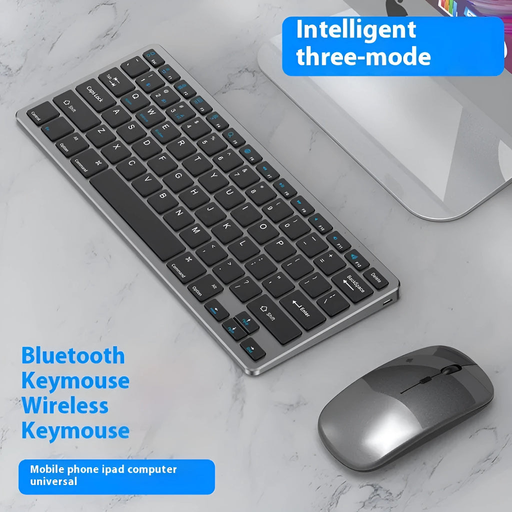 Ultra-thin wireless keyboard and mouse combo in black silver gun colours with rechargeable batteries