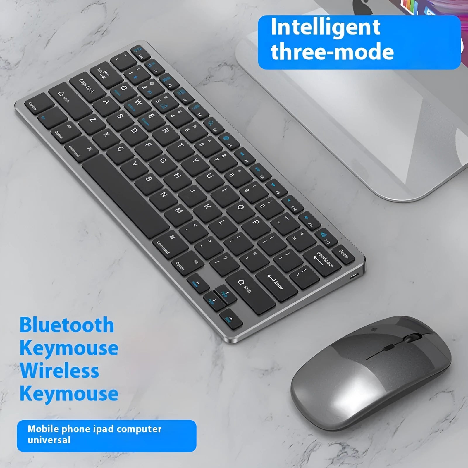 Ultra-thin wireless keyboard and mouse combo in black silver gun colours with rechargeable batteries