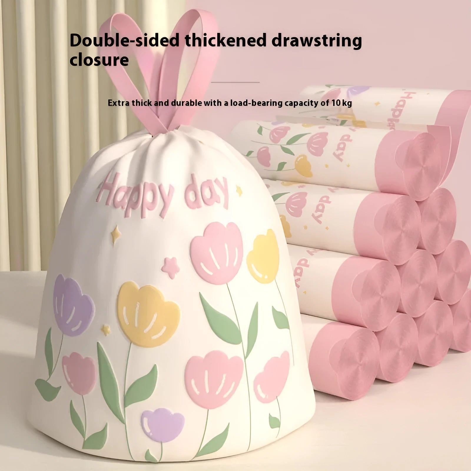 Pink degradable garbage bags with drawstring, featuring argy wormwood mosquito repellent properties