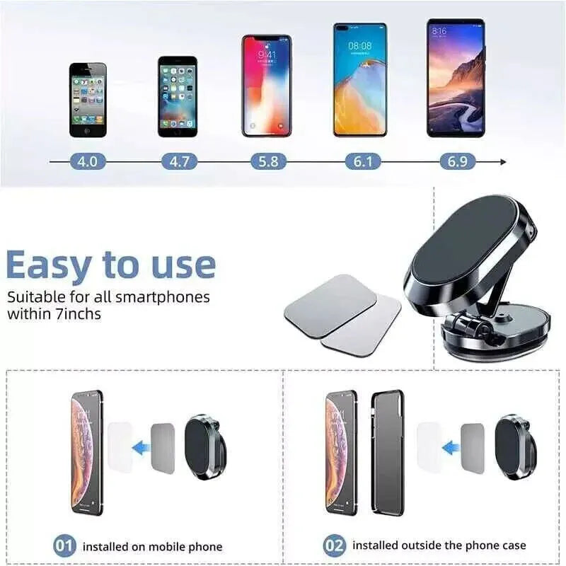 Stainless steel magnetic car phone holder showing folded and extended positions