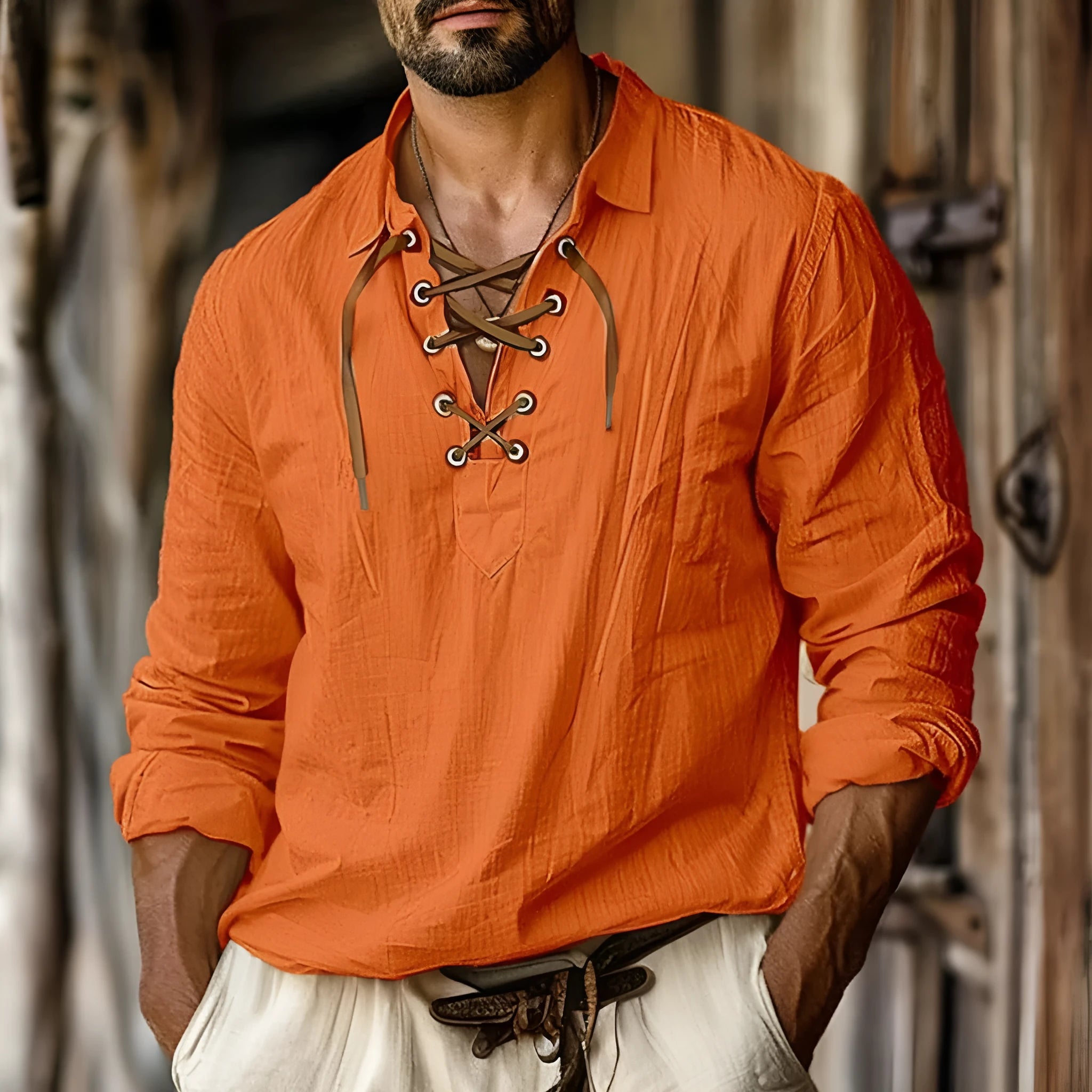 Men's loose fit long sleeve shirt with lace trim and lapels in a solid colour