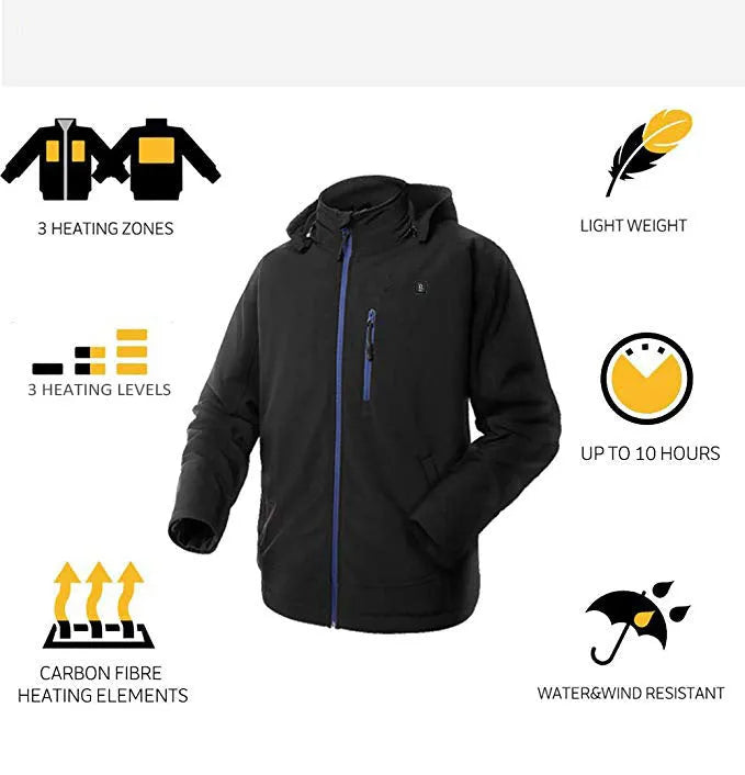 Black USB electric heating winter coat for men with waterproof windproof composite construction