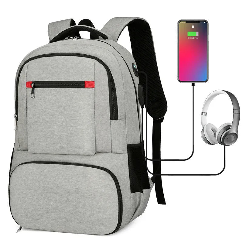 Light grey insulated Oxford cloth backpack with curved shoulder straps and pull rod belt for travel