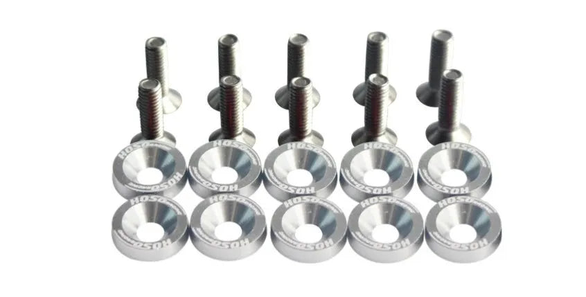 Ten car modification gasket screws in assorted colours on a dark background