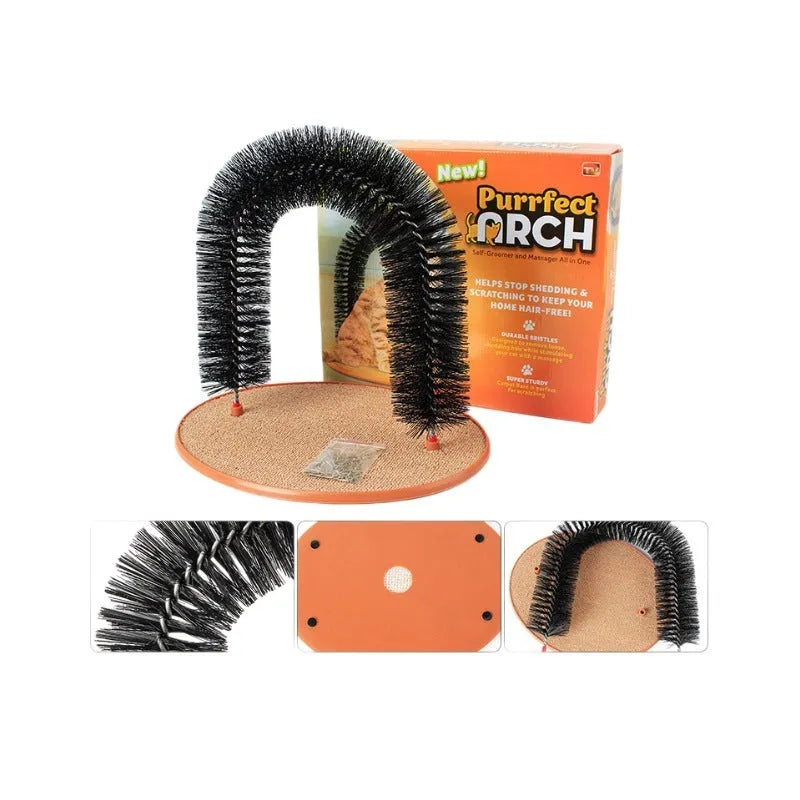 Arched cat grooming station and scratcher toy with built-in bristle brush for cats to scratch and rub against.