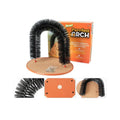 Arched cat grooming station and scratcher toy with built-in bristle brush for cats to scratch and rub against.