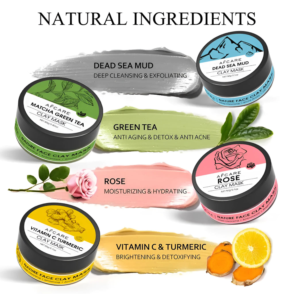 4 pack of Dead Sea mud, green tea, turmeric and rose clay face masks in 80ml pots on white background