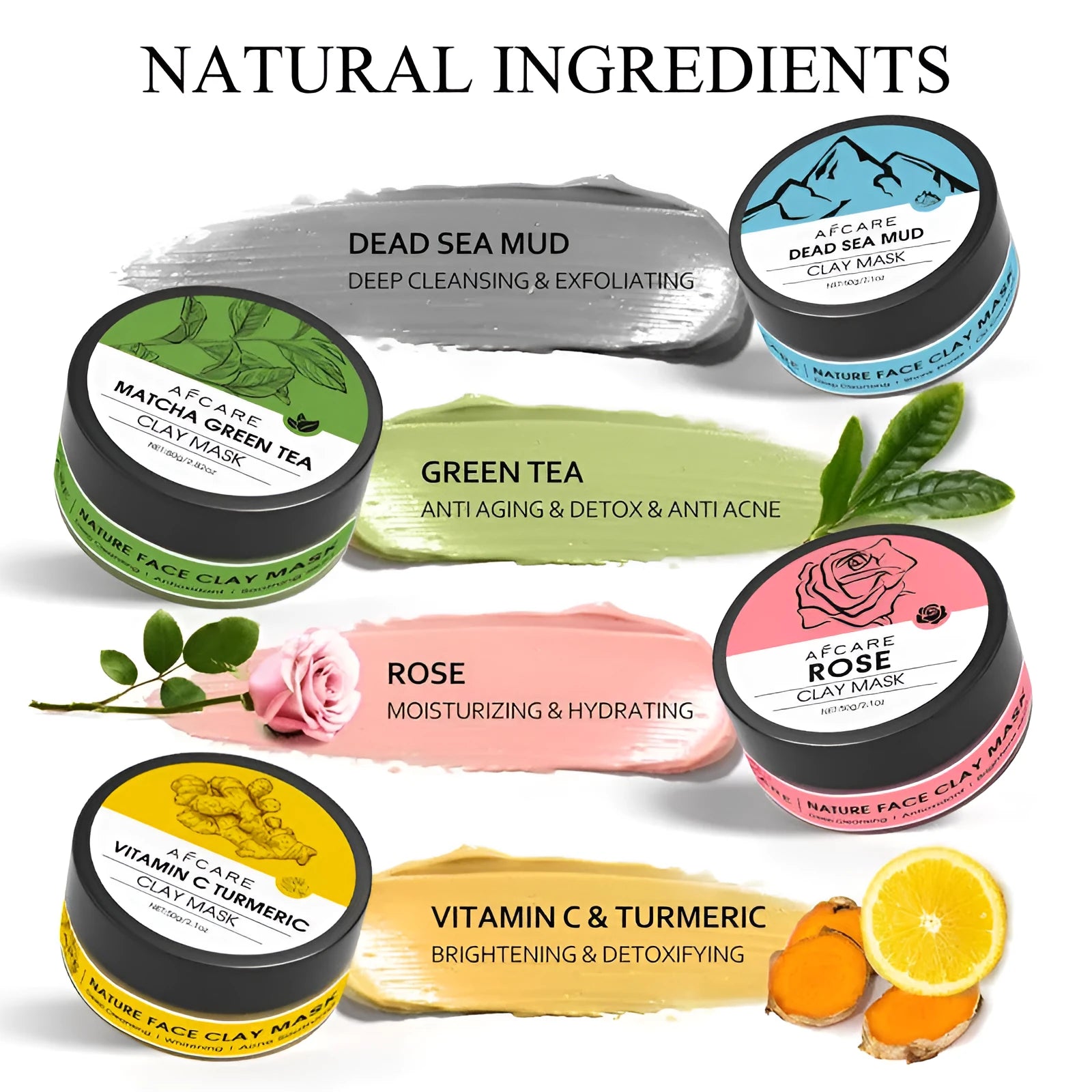 4 pack of Dead Sea mud, green tea, turmeric and rose clay face masks in 80ml pots on white background