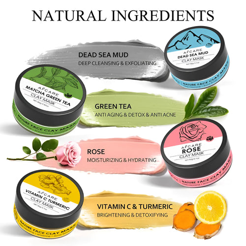 4 pack of Dead Sea mud, green tea, turmeric and rose clay face masks in 80ml pots on white background