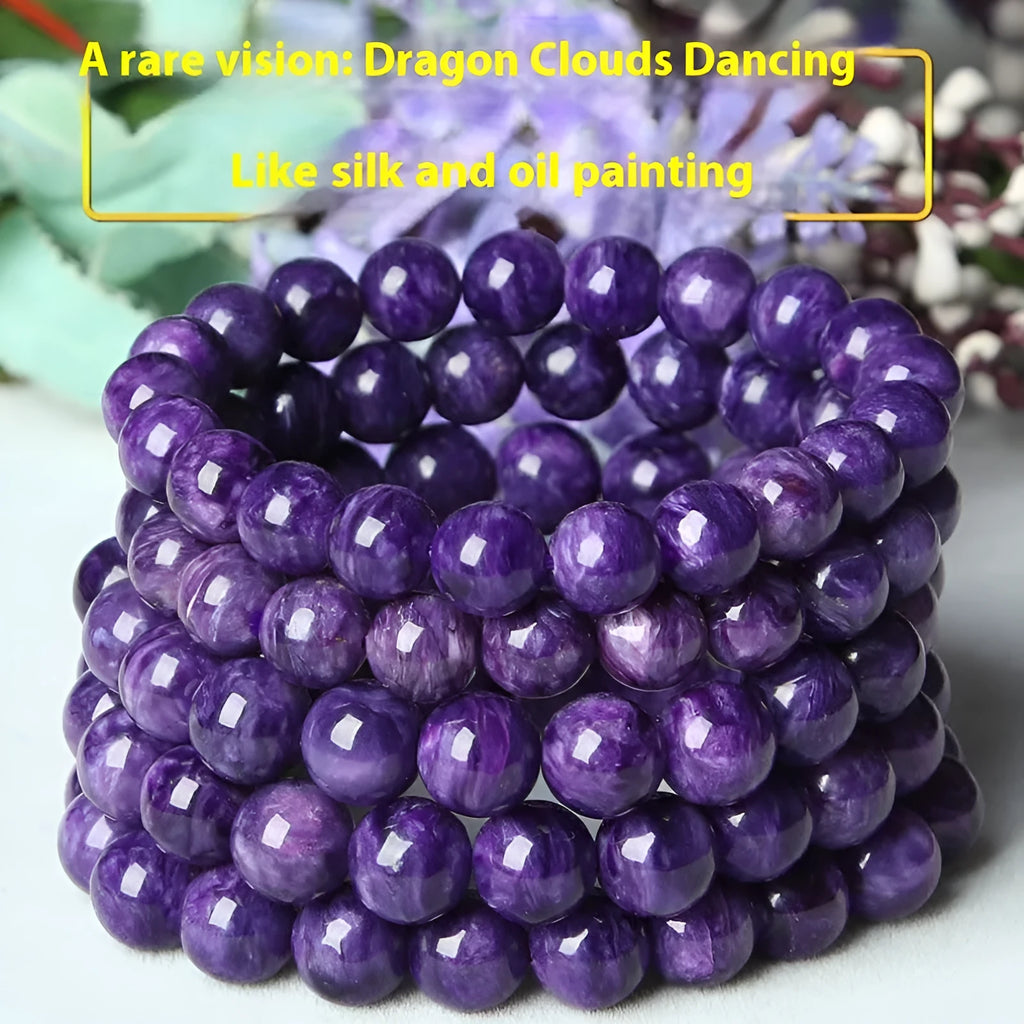 Natural transparent charoite crystal bracelet with platinum links, showing different bead size options.