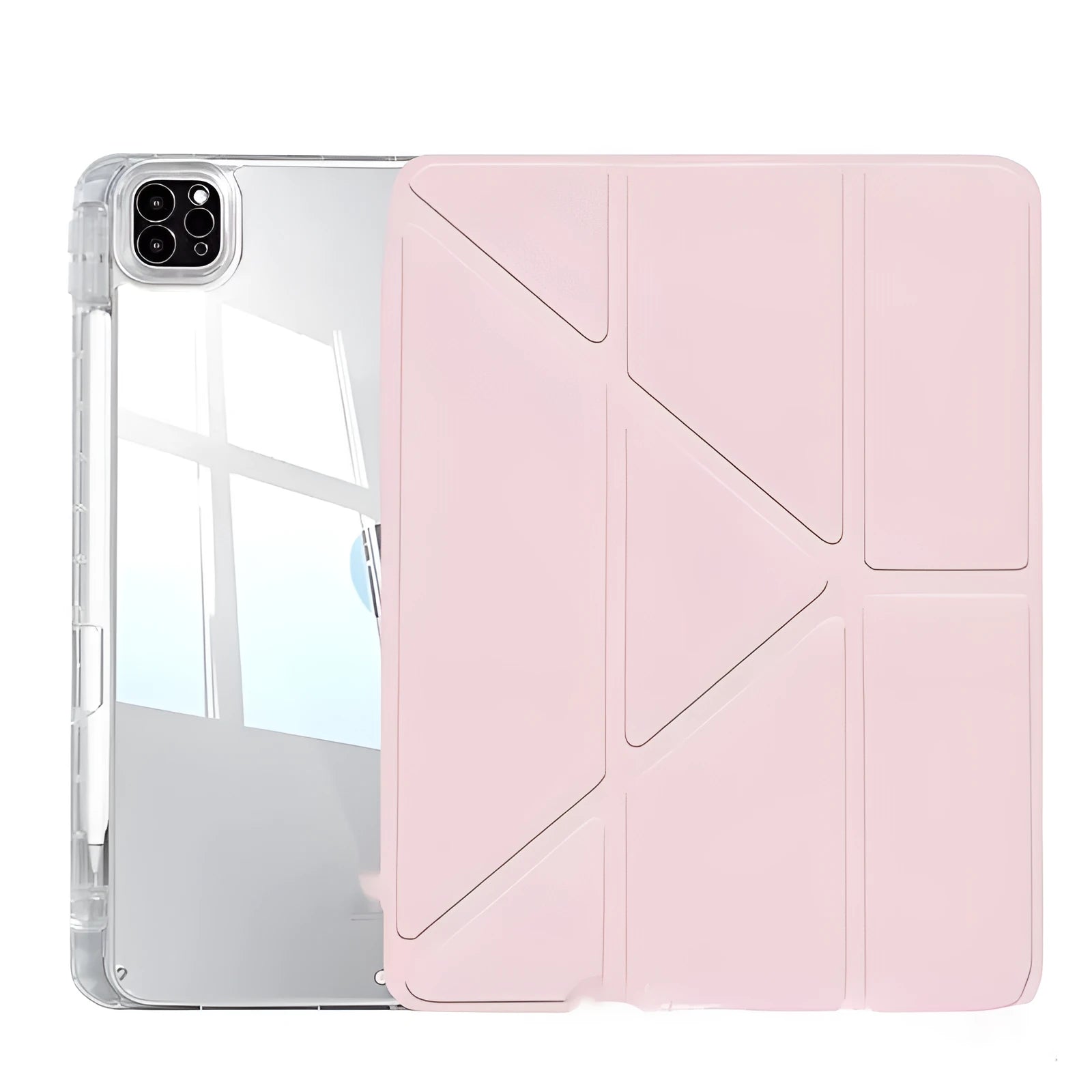 Transparent acrylic iPad protective cover showing magnetic attachment points and built-in viewing bracket