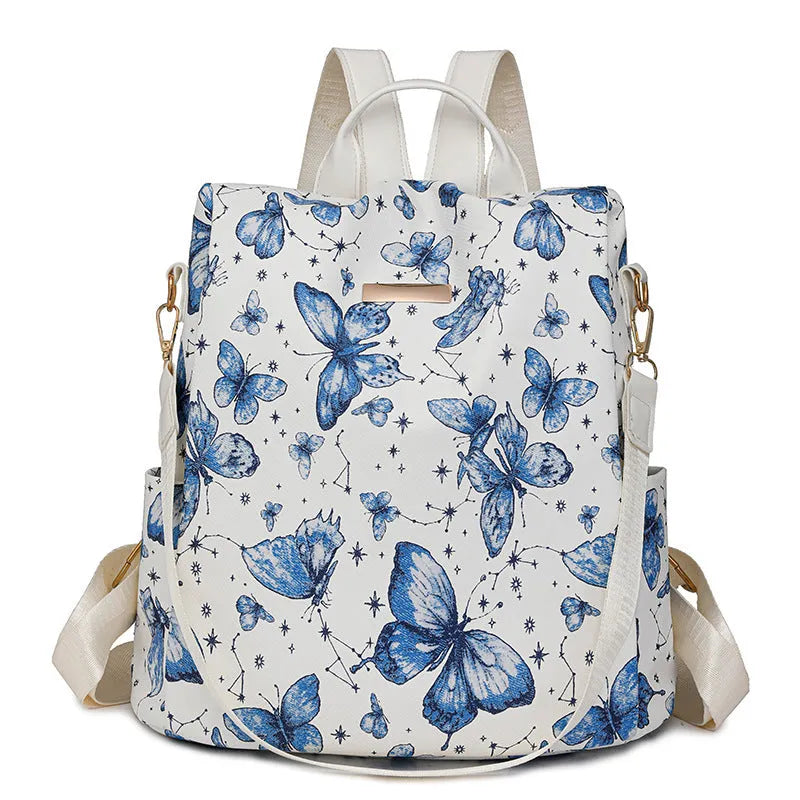 Butterfly printed PU shoulder backpack in black with sewing line details and 20L capacity