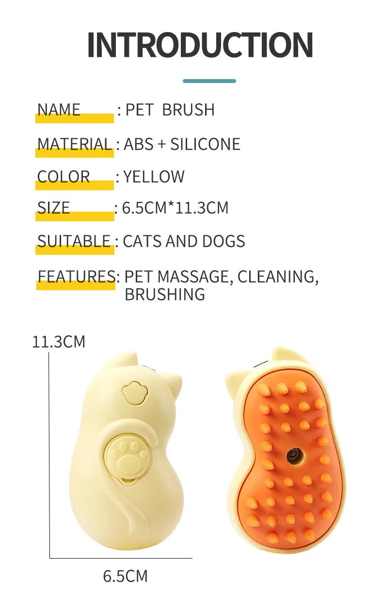 Yellow electric pet massage cleaning brush with ABS silicone bristles, measuring 6.5cm x 11.3cm