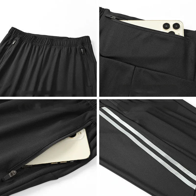 Men's black running trousers with polyester fabric and mid waist design for exercise