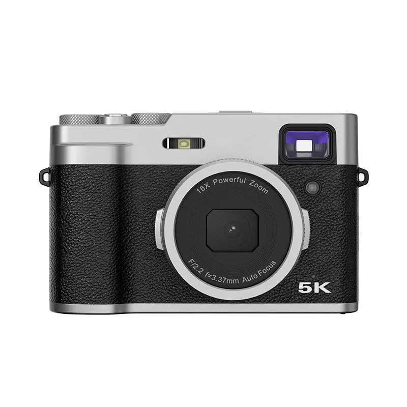Black 5K HD digital camera with dual lenses, a 2.88-inch screen, and optical viewfinder on top.