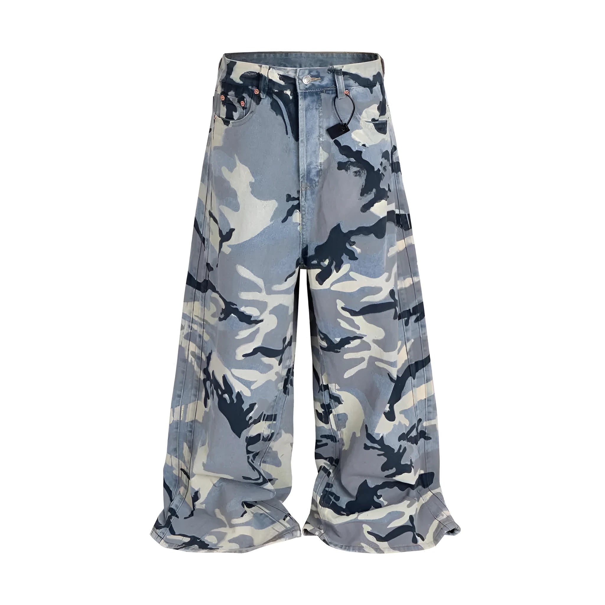 Snow camouflage blue jeans with mid-waist loose-fit design and micro-elastic cotton denim construction