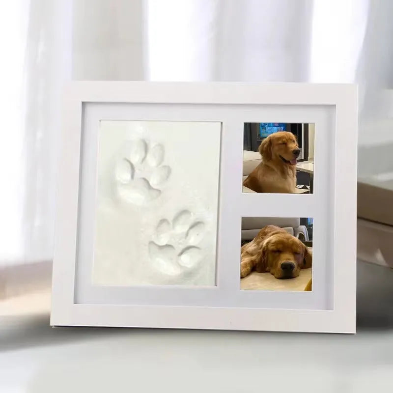 Pet hand and foot print photo frame with black frame and white mud paw print