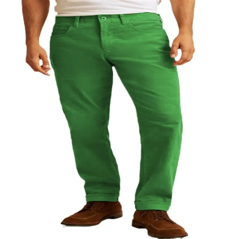 Corduroy straight-leg casual trousers in khaki colour showing mid-waist and zip-fly design.