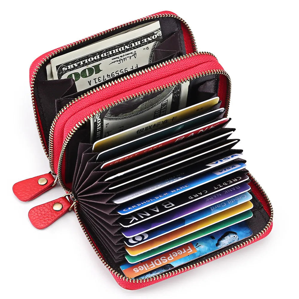 Cowhide double layer zipper expanding card holder in red with anti-theft RFID protection and gift box