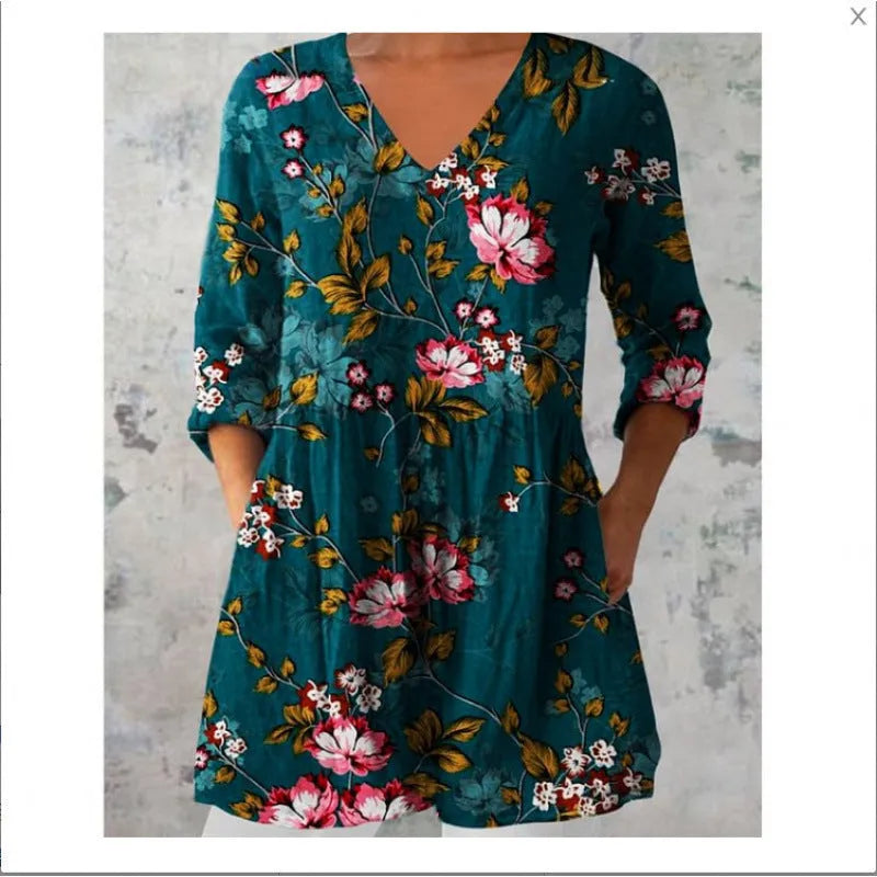 Women's printed loose dress with 3/4 sleeves and wide waist design in floral pattern