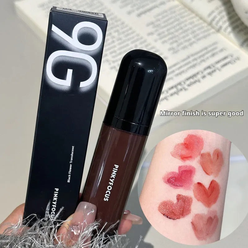 Black Citrus mirror lip lacquer in six shades showing shiny finish and colour options
