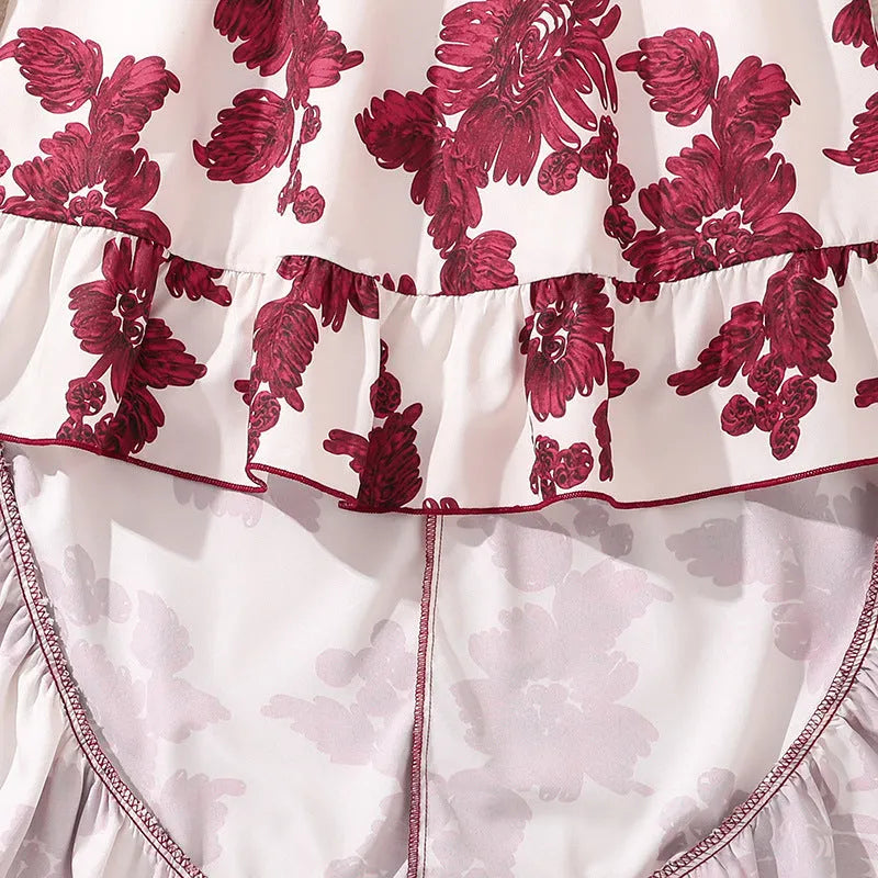 Girls retro printing two-piece set with solid colour top and flower print skirt, pink, polyester fiber