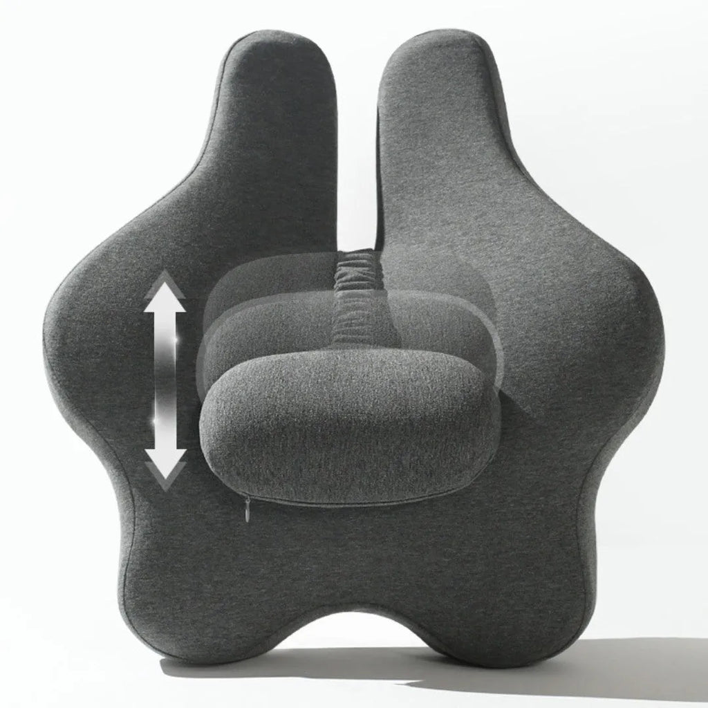 Grey adjustable memory foam car lumbar support cushion on a car seat, 50x47x9cm