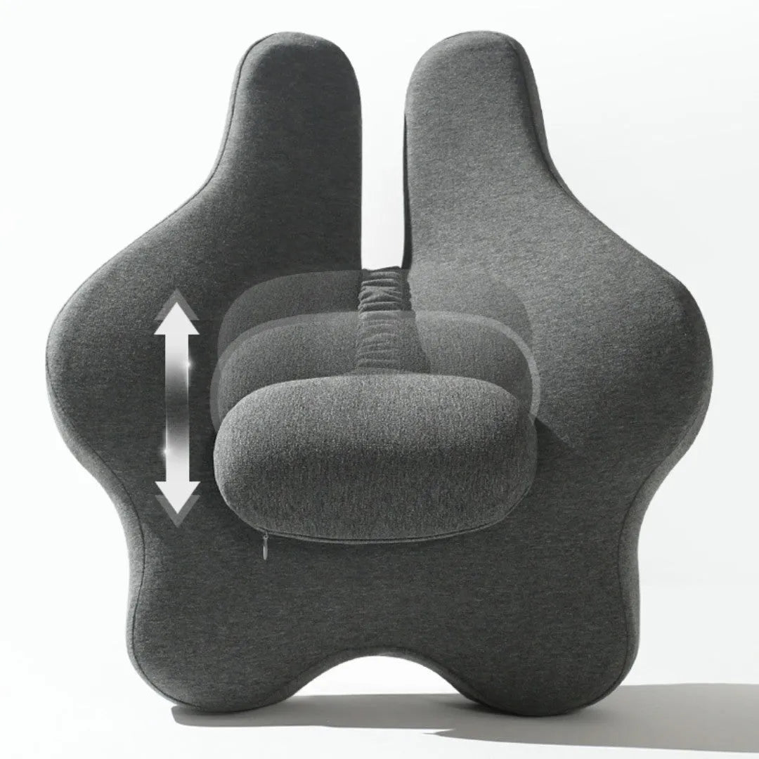 Grey adjustable memory foam car lumbar support cushion on a car seat, 50x47x9cm