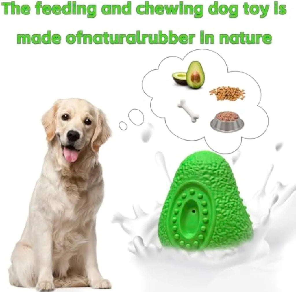 Green natural rubber dog chew toy with avocado shape and hollow food cavity