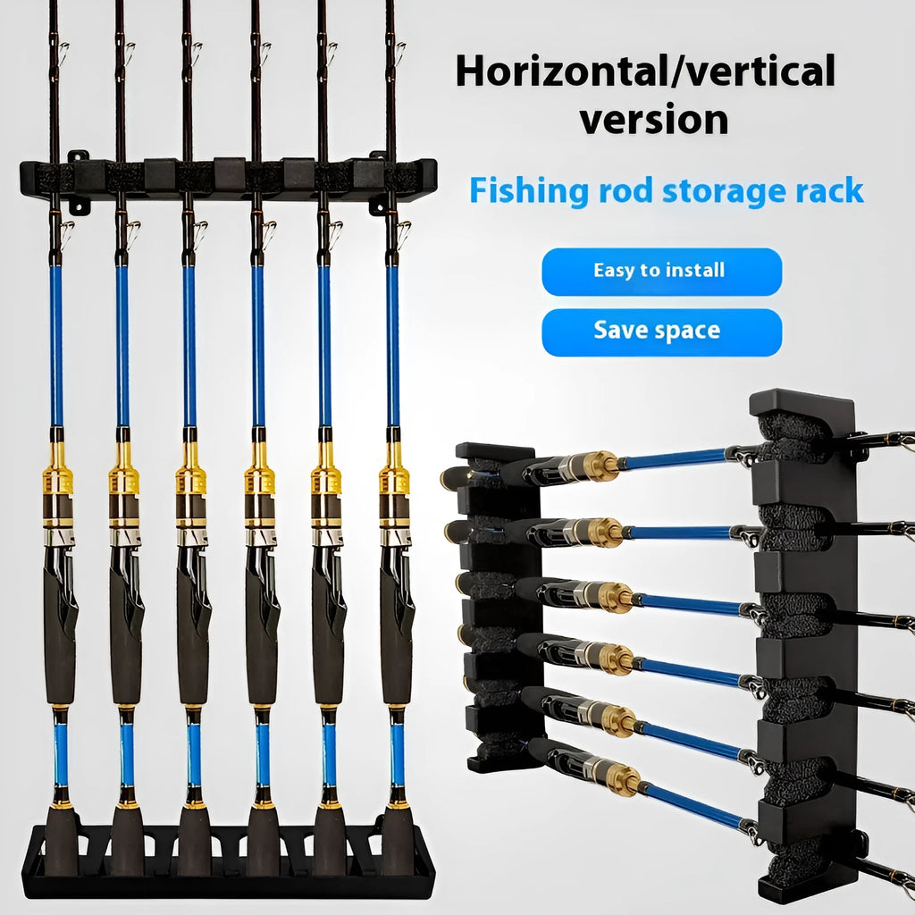 Black ABS plastic wall-mounted fishing rod holder rack shown in upright and horizontal styles.