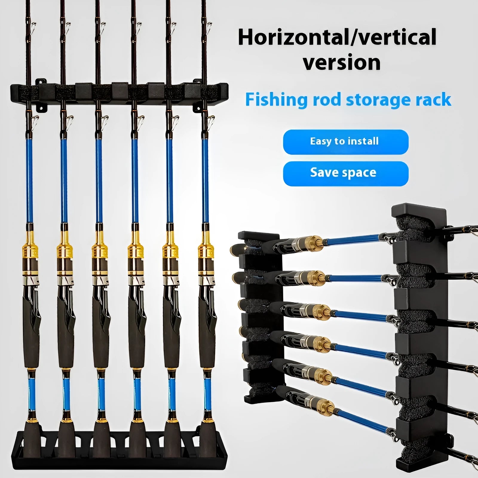 Black ABS plastic wall-mounted fishing rod holder rack shown in upright and horizontal styles.