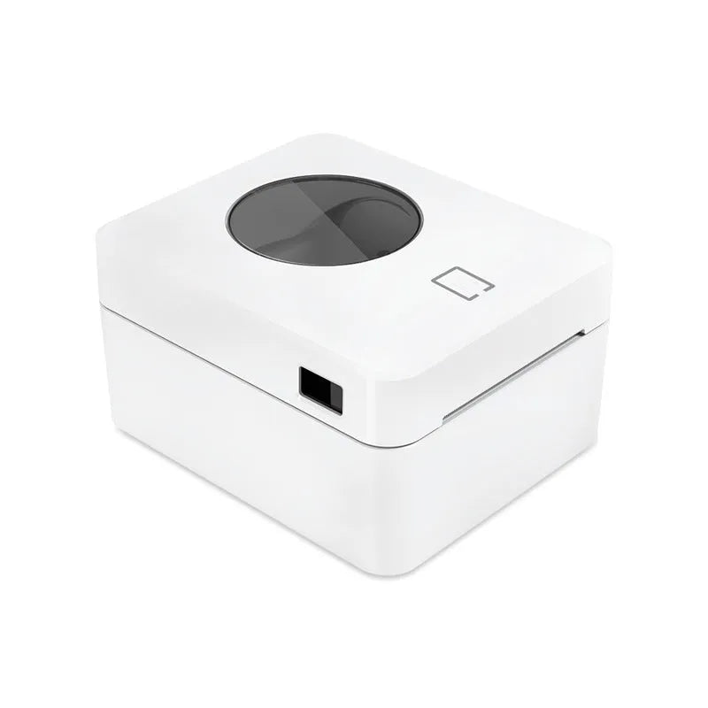 White Bluetooth thermal label printer with USB port, compact 200mm width design