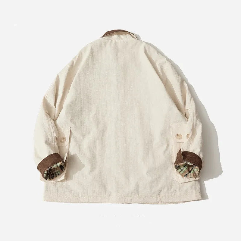 Green and apricot unisex casual jacket with long sleeves and side pockets