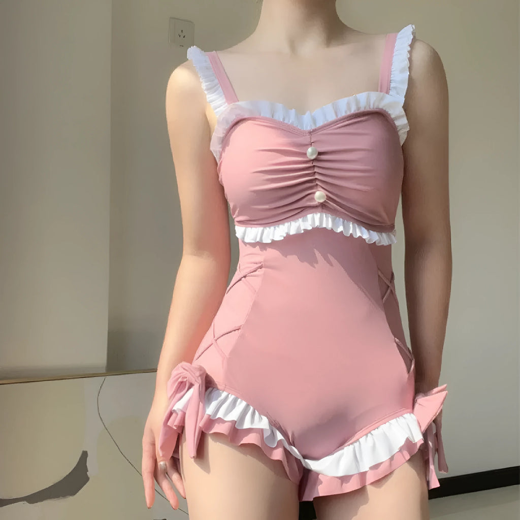 Women's one-piece sun protection swimsuit in milk silk fabric, solid colour pink, sleeveless design