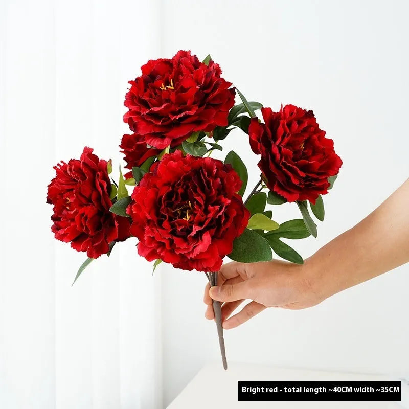Artificial 5-head peony silk bouquet 40cm in light champagne colour for wedding decor