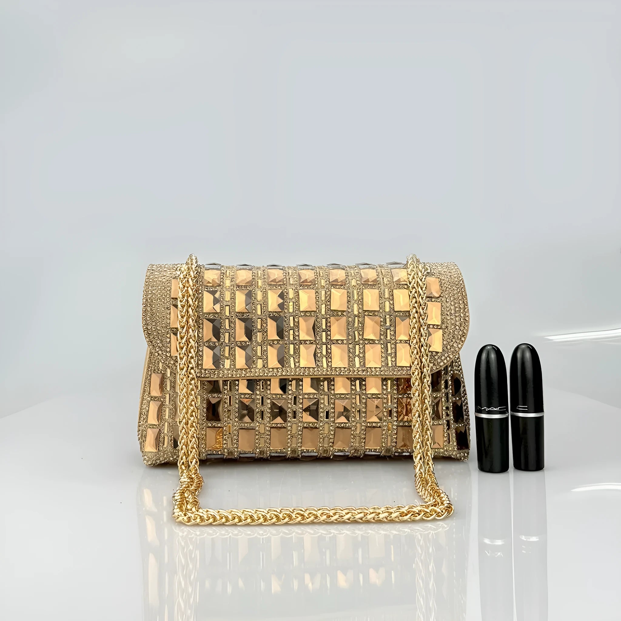 Shiny glass rhinestone chain clutch handbag in silver with open pocket and chain strap