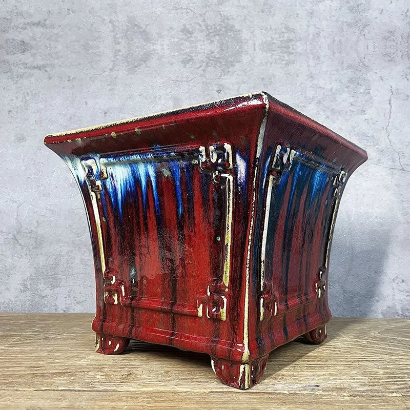 Ceramic flower pot 27cm with glaze change and ice crack finish, square shape for orchids