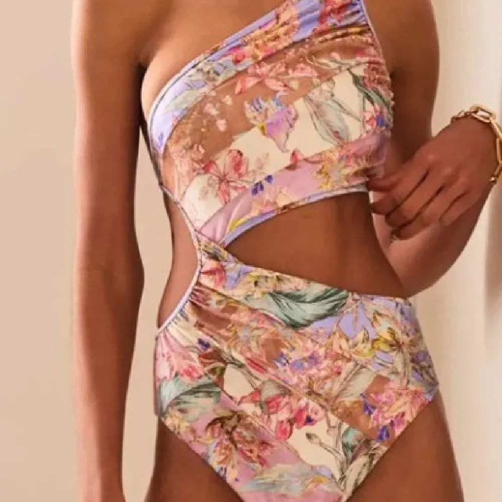 Women's rose gold patterned swimsuit made from polyester fibre, available in sizes S to XXXL