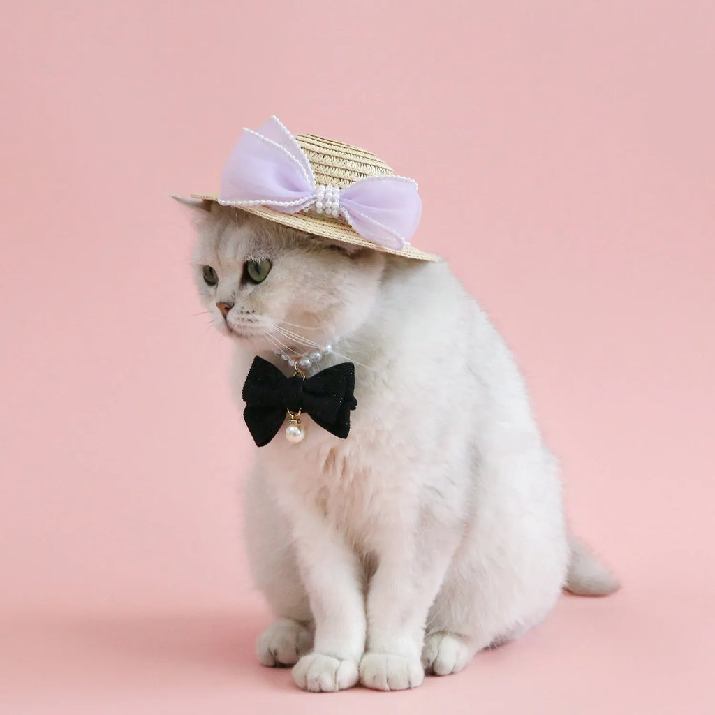 Pink pearl butterfly bow woven straw cat hat for pets with Lafite leaves material