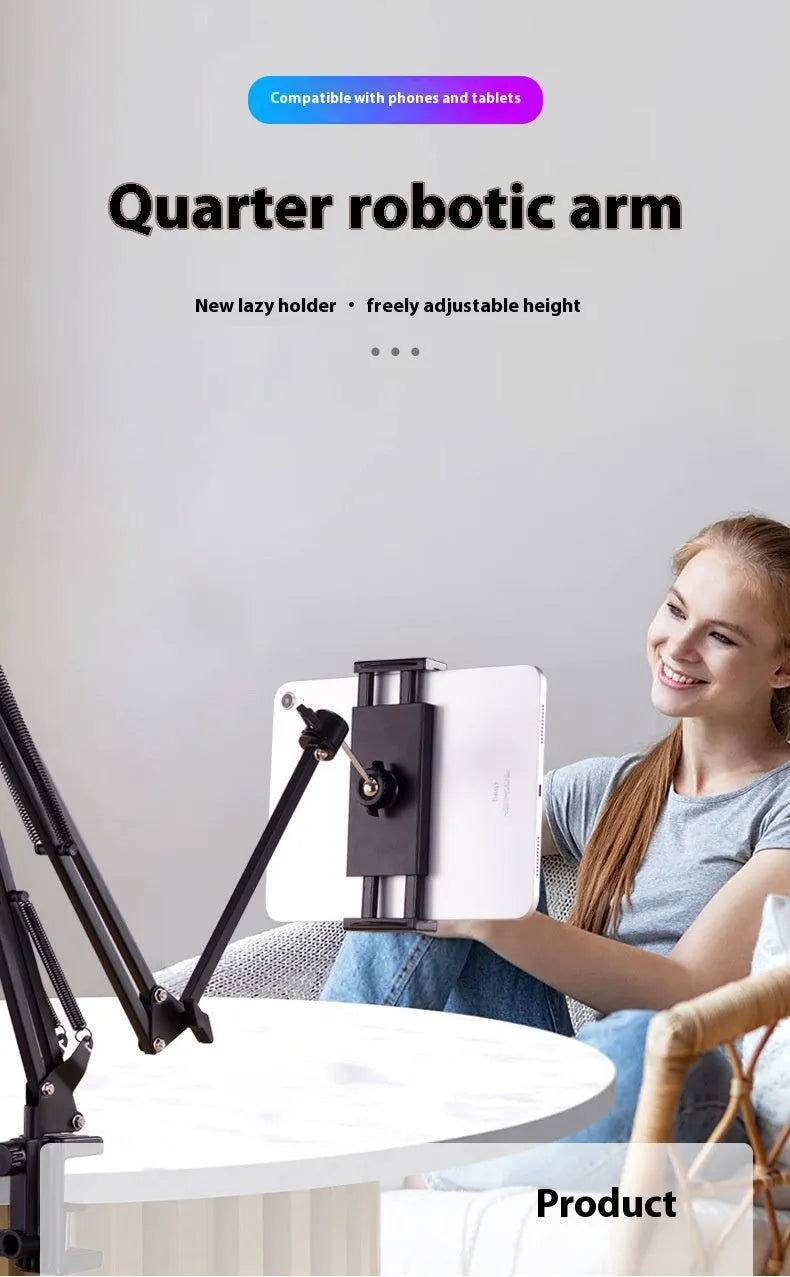 Black foldable metal desktop cantilever bracket holding a tablet, showing its adjustable arms and clamp.